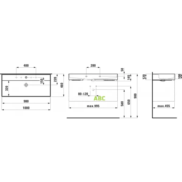 Umywalka-scienna-100x46-Laufen-KARTELL-H8103377581071-z-przelewem-z-2-otworami-grafitowa-mat-158346