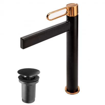 Bateria umywalkowa wysoka z korkiem klik-klak FDesign ZAFFIRO FD1-ZFR-2L-25 różowe złoto/czarna wyprzedaż