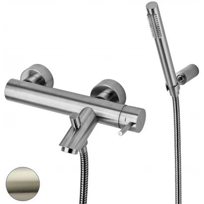 Bateria wannowa ścienna z zestawem natryskowym Paffoni LIGHT LIG 023 stal szczotkowana