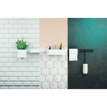 Panel ścienny 70 cm + główka prysznicowa + wąż + kosz do przechowywania + wieszak na ręcznik + suwak + ściągaczka Hansgrohe WALLSTORIS 24291700 biały mat