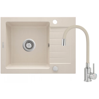 Zlewozmywak 1-komorowy 58x44 z ociekaczem z baterią Deante ZORBA ZQZG511A beż