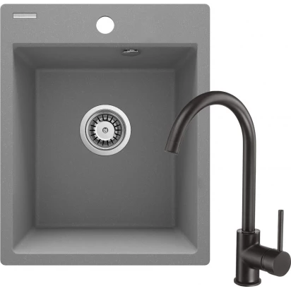 Zlewozmywak granitowy 1-komorowy 50x40 z baterią Deante CORIO ZRCBS103 szary metalik/czarna