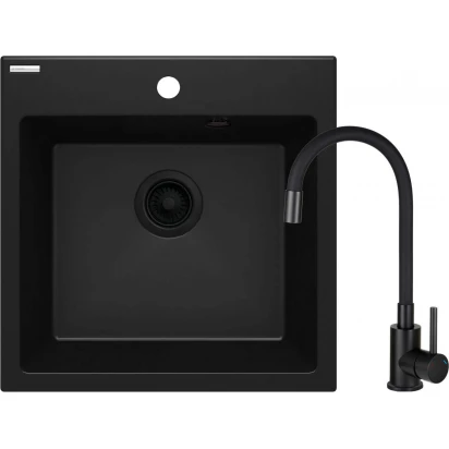 Zlewozmywak granitowy 1-komorowy 50x50 z baterią Deante EVORA ZQJNN103 czarny mat/czarny