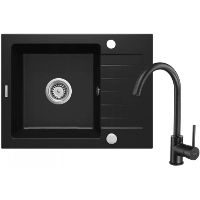 Zlewozmywak granitowy 1-komorowy 58x44 + bateria MILIN Deante ZORBA NERO ZQZAN11A czarny mat