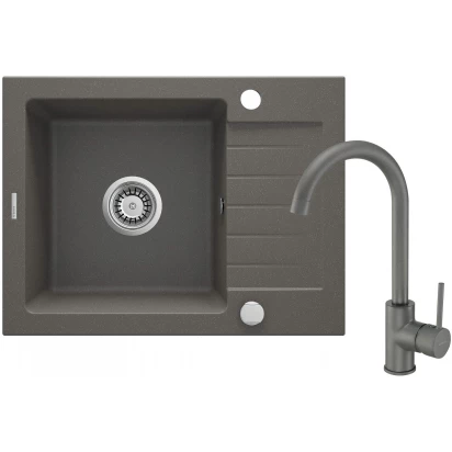 Zlewozmywak granitowy 1-komorowy 58x44 + bateria NEMEZJA Deante ZORBA ZQZAT11A antracyt