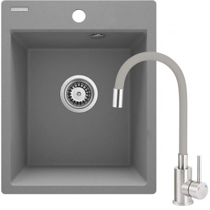 Zlewozmywak granitowy 40x50 1-komorowy z baterią Deante CORIO ZRCPS103 szary metalik