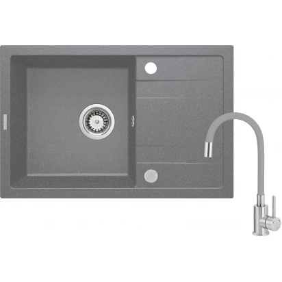 Zlewozmywak granitowy 67x44 1-komorowy z ociekaczem z baterią Deante CORIO ZRCPS113 szary metalik