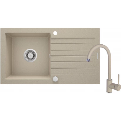 Zlewozmywak granitowy ZORBA 1-komorowy piaskowy + bateria kuchenna NEMEZJA Deante ZQZV7113
