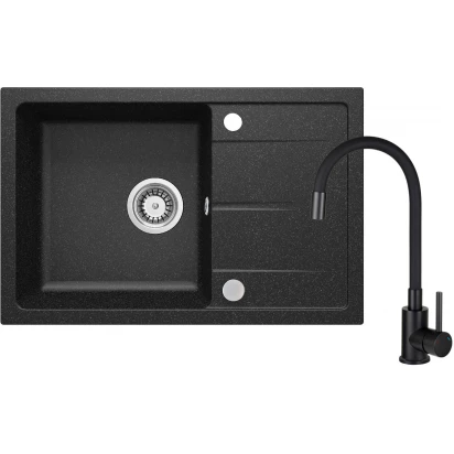 Zlewozmywak granitowy grafit + bateria z giętą wylewką Deante LEDA ZRDP2113