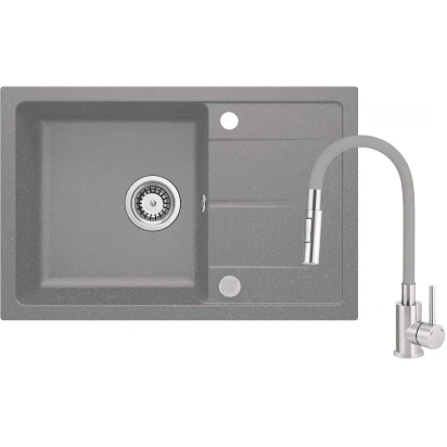 Zlewozmywak granitowy z baterią kuchenną i osprzętem Space-Saver Deante LEDA ZRDGS113 szary metalik