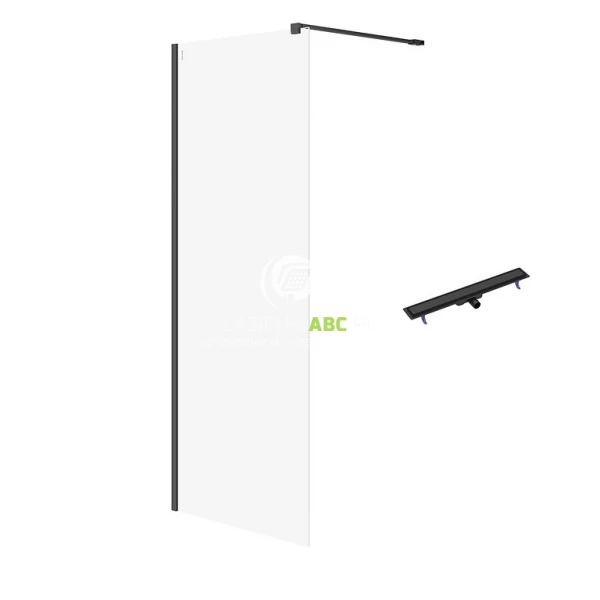 Kabina prysznicowa walk-in 90x200 z odpływem liniowym 80 cm Cersanit MILLE/TAKO S601-249 czarna/czarny