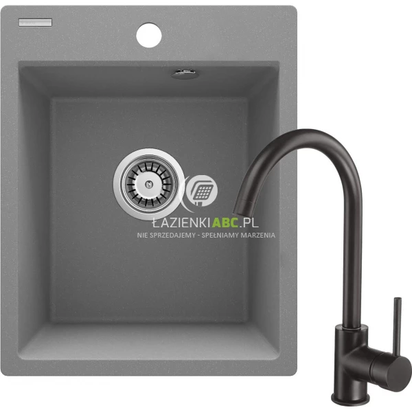 Zlewozmywak granitowy 1-komorowy 50x40 z baterią Deante CORIO ZRCBS103 szary metalik/czarna