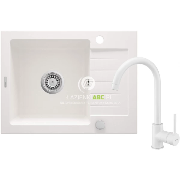 Zlewozmywak granitowy 1-komorowy 58x44 + bateria NEMEZJA Deante ZORBA ZQZAA11A alabaster