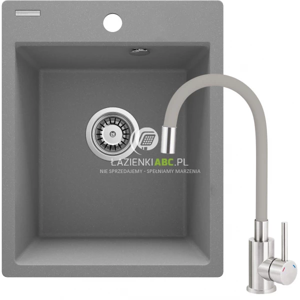 Zlewozmywak granitowy 40x50 1-komorowy z baterią Deante CORIO ZRCPS103 szary metalik